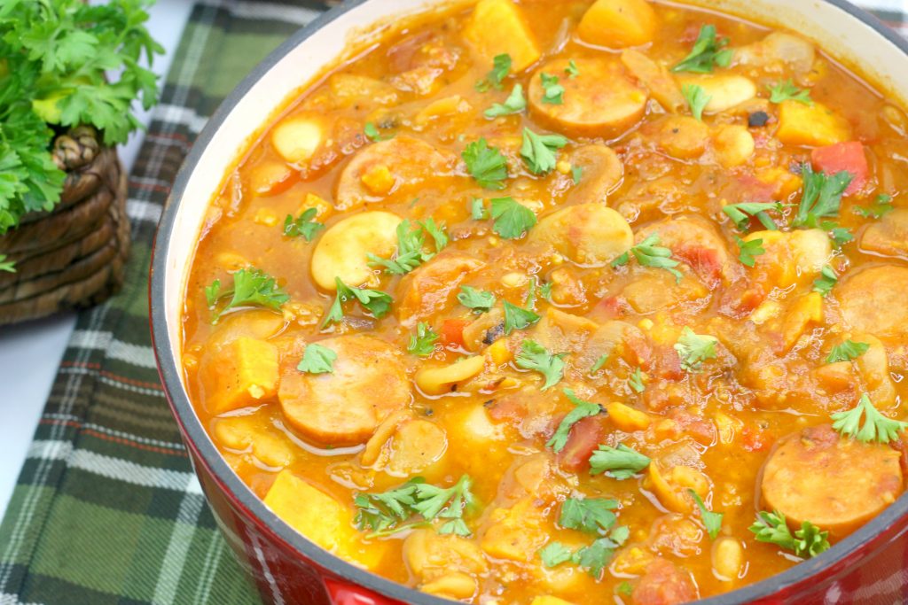 Enjoy the comfort of some fantastic Spanish Sausage Sweet Potato Stew. It's easy to make, full of flavor, and a true crowd-pleaser. #dinner #easy #stew #soup #healthy #sweetpotato